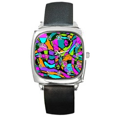 Abstract Sketch Art Squiggly Loops Multicolored Square Metal Watch by EDDArt