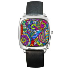 Pop Art Paisley Flowers Ornaments Multicolored Square Metal Watch