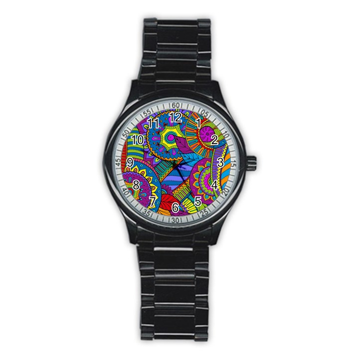 Pop Art Paisley Flowers Ornaments Multicolored Stainless Steel Round Watch