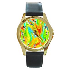 Happy Multicolor Painting Round Gold Metal Watch by designworld65