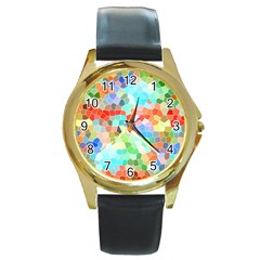 Colorful Mosaic  Round Gold Metal Watch by designworld65