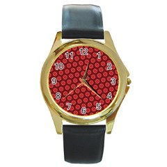 Red Passion Floral Pattern Round Gold Metal Watch by DanaeStudio