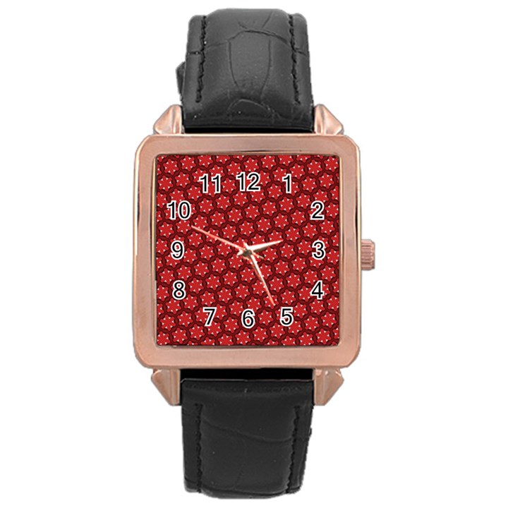 Red Passion Floral Pattern Rose Gold Leather Watch 