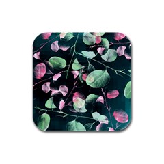 Modern Green And Pink Leaves Rubber Square Coaster (4 Pack)  by DanaeStudio