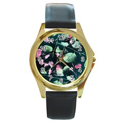 Modern Green And Pink Leaves Round Gold Metal Watch by DanaeStudio