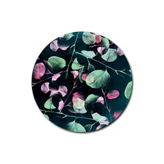 Modern Green And Pink Leaves Rubber Coaster (round)  by DanaeStudio