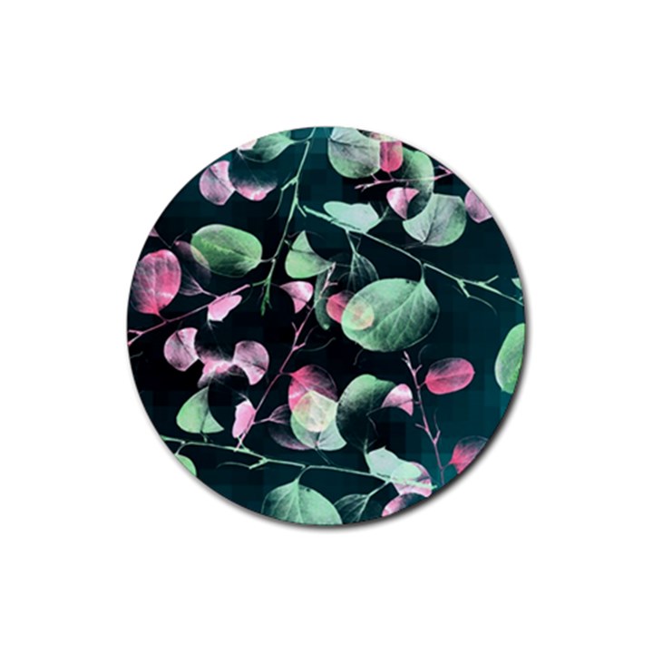 Modern Green And Pink Leaves Rubber Round Coaster (4 pack) 