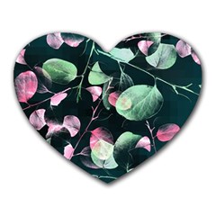 Modern Green And Pink Leaves Heart Mousepads by DanaeStudio