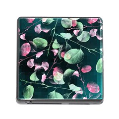 Modern Green And Pink Leaves Memory Card Reader (square) by DanaeStudio