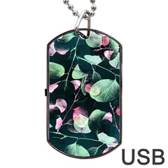 Modern Green And Pink Leaves Dog Tag Usb Flash (one Side)