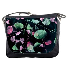 Modern Green And Pink Leaves Messenger Bags