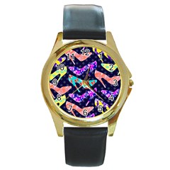 Colorful High Heels Pattern Round Gold Metal Watch