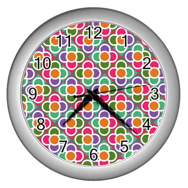 Modernist Floral Tiles Wall Clocks (Silver) 