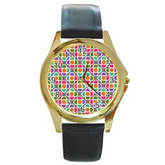 Modernist Floral Tiles Round Gold Metal Watch by DanaeStudio