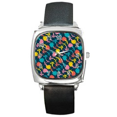 Colorful Floral Pattern Square Metal Watch by DanaeStudio