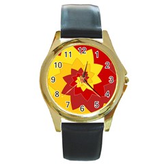 Flower Blossom Spiral Design  Red Yellow Round Gold Metal Watch by designworld65