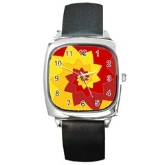 Flower Blossom Spiral Design  Red Yellow Square Metal Watch by designworld65