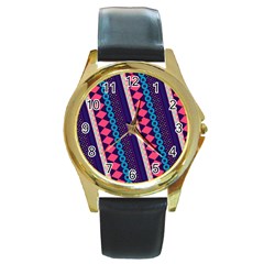 Purple And Pink Retro Geometric Pattern Round Gold Metal Watch by DanaeStudio