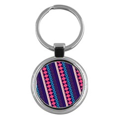 Purple And Pink Retro Geometric Pattern Key Chains (round)  by DanaeStudio