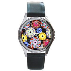 Colorful Retro Circular Pattern Round Metal Watch by DanaeStudio