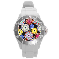 Colorful Retro Circular Pattern Round Plastic Sport Watch (l) by DanaeStudio