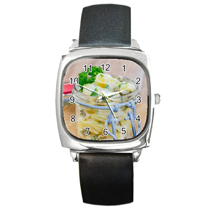 Potato salad in a jar on wooden Square Metal Watch