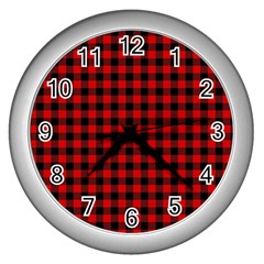 Lumberjack Plaid Fabric Pattern Red Black Wall Clocks (silver)  by EDDArt