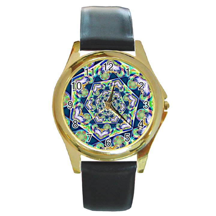 Power Spiral Polygon Blue Green White Round Gold Metal Watch