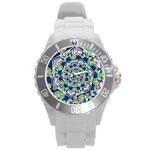 Power Spiral Polygon Blue Green White Round Plastic Sport Watch (L) Front