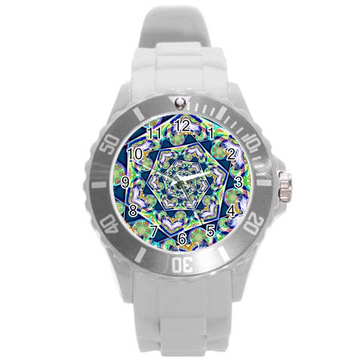 Power Spiral Polygon Blue Green White Round Plastic Sport Watch (L)