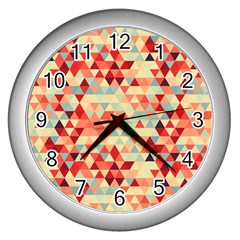 Modern Hipster Triangle Pattern Red Blue Beige Wall Clocks (silver) 