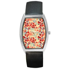 Modern Hipster Triangle Pattern Red Blue Beige Barrel Style Metal Watch by EDDArt