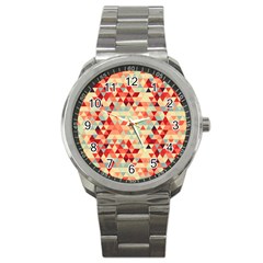 Modern Hipster Triangle Pattern Red Blue Beige Sport Metal Watch by EDDArt