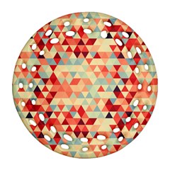 Modern Hipster Triangle Pattern Red Blue Beige Ornament (round Filigree)  by EDDArt