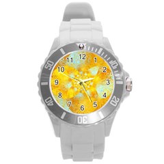 Gold Blue Abstract Blossom Round Plastic Sport Watch (l) by designworld65