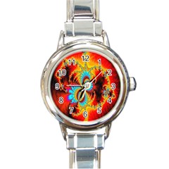 Crazy Mandelbrot Fractal Red Yellow Turquoise Round Italian Charm Watch by EDDArt