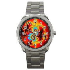 Crazy Mandelbrot Fractal Red Yellow Turquoise Sport Metal Watch by EDDArt