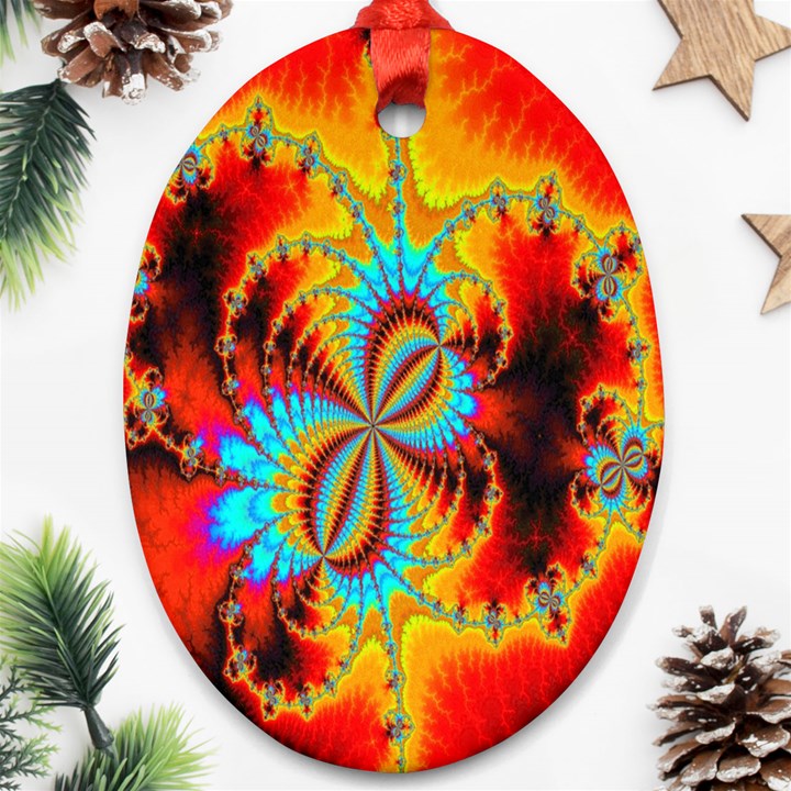 Crazy Mandelbrot Fractal Red Yellow Turquoise Oval Ornament (Two Sides)