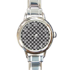 Modern Dots In Squares Mosaic Black White Round Italian Charm Watch by EDDArt