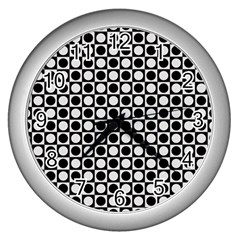 Modern Dots In Squares Mosaic Black White Wall Clocks (silver)  by EDDArt