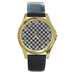 Modern Dots In Squares Mosaic Black White Round Gold Metal Watch by EDDArt