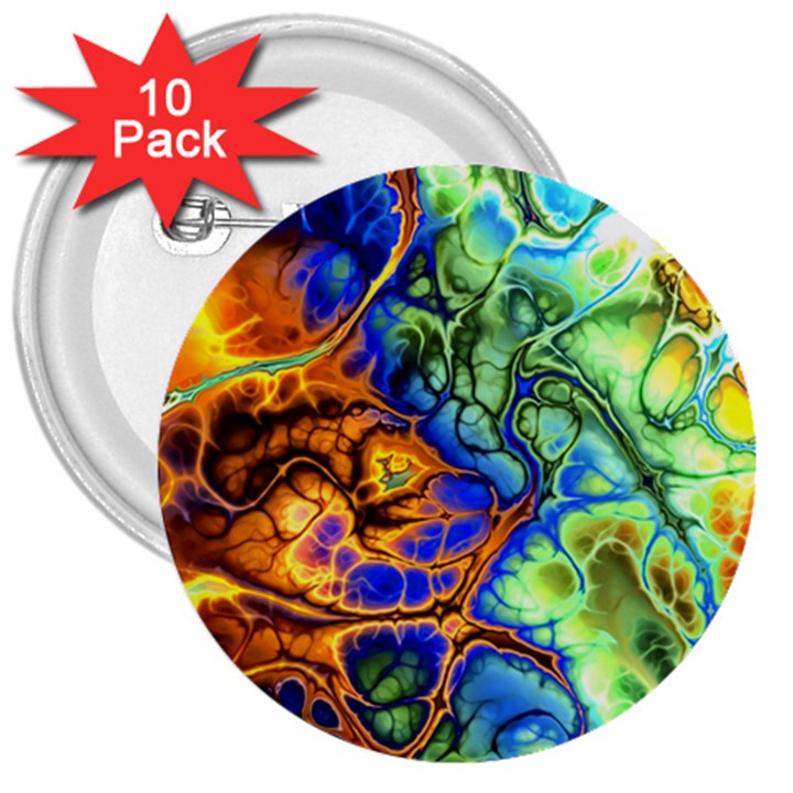 Abstract Fractal Batik Art Green Blue Brown 3  Buttons (10 pack) 