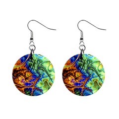 Abstract Fractal Batik Art Green Blue Brown Mini Button Earrings by EDDArt