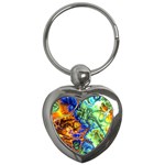 Abstract Fractal Batik Art Green Blue Brown Key Chains (Heart)  Front