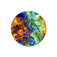 Abstract Fractal Batik Art Green Blue Brown Rubber Round Coaster (4 Pack)  by EDDArt