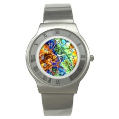 Abstract Fractal Batik Art Green Blue Brown Stainless Steel Watch by EDDArt