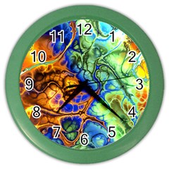 Abstract Fractal Batik Art Green Blue Brown Color Wall Clocks by EDDArt