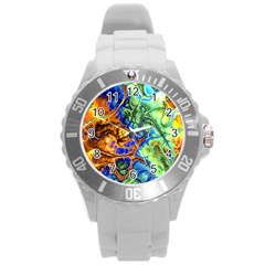 Abstract Fractal Batik Art Green Blue Brown Round Plastic Sport Watch (l) by EDDArt