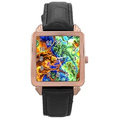 Abstract Fractal Batik Art Green Blue Brown Rose Gold Leather Watch  by EDDArt