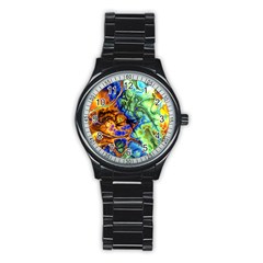 Abstract Fractal Batik Art Green Blue Brown Stainless Steel Round Watch by EDDArt